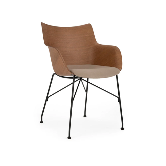 Kartell Q/Wood Soft kontorsstol tyg ecru, mörkt trä, svart stativ