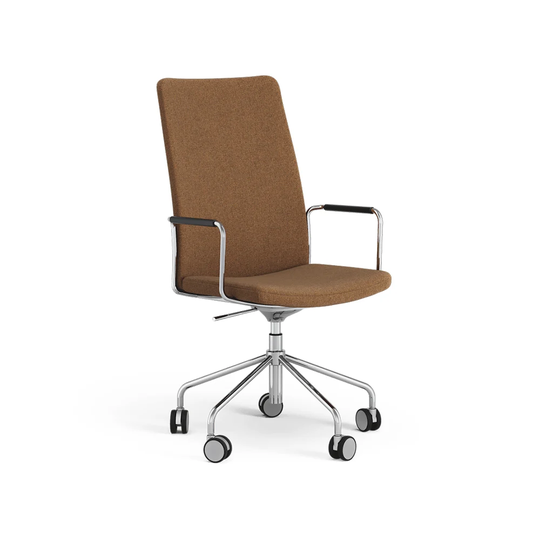 Swedese Stella hög kontorsstol höj/sänkbar tyg camira main line flax 15 brun, krom, justerbar sitthöjd