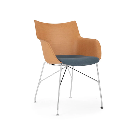 Kartell Q/Wood Soft kontorsstol tyg powder blue, ljust trä, kromstativ