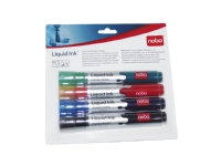 Marker Nobo Liquid Ink nonpermanent - for flipover tavle, overhead-transparenter eller whiteboard 3mm ass. farver (sæt á 4 stk.)